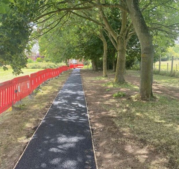 Narrow tarmac path running between mature trees across parkland
